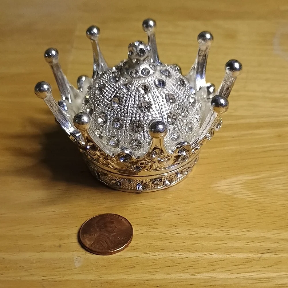 Silver Toned Jeweled Crown Shaped Trinket Box